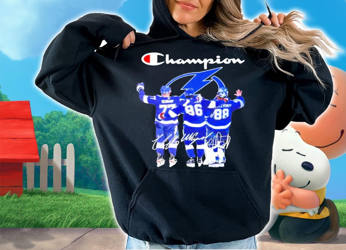 The Champion Victor Hedman Nikita Kucherov And Andrei Vasilevskiy Signatures Shirt t-shirt hoodie