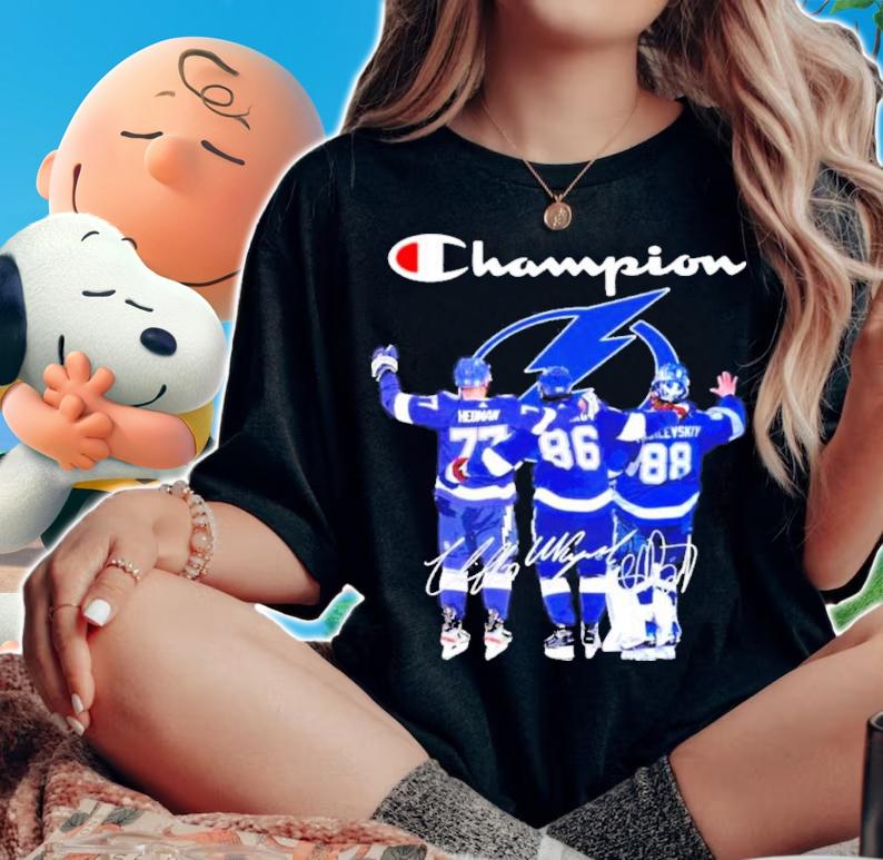 The Champion Victor Hedman Nikita Kucherov And Andrei Vasilevskiy Signatures Shirt t-shirt woman shirt