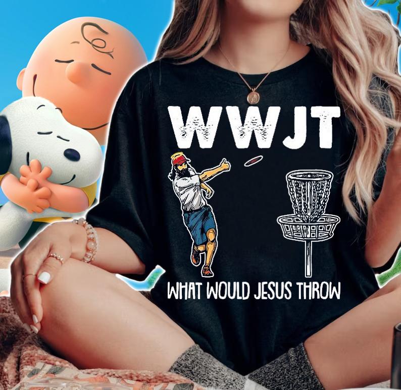 Womens What Would Jesus Throw Christmas WWJT Disc Golf Christian T-shirt t-shirt woman shirt