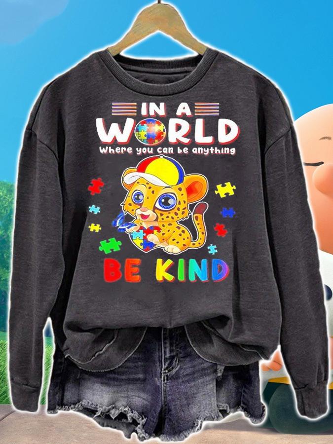 Leopard in a world where you can be anything be kind Autism Awareness shirt t-shirt sweatshirt