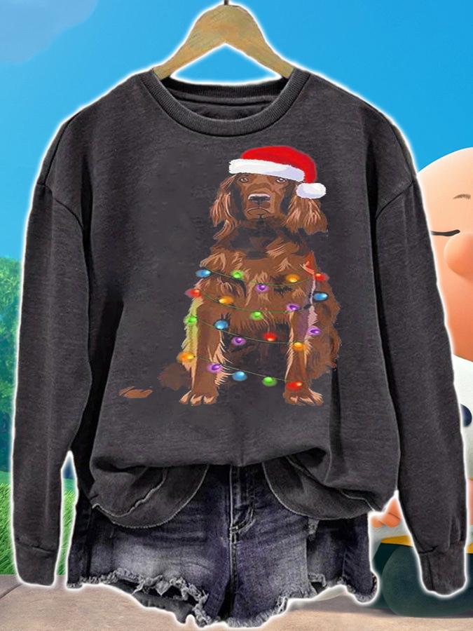 Irish Setter Christmas Lights Xmas Dog Lover Santa Hat T-Shirt