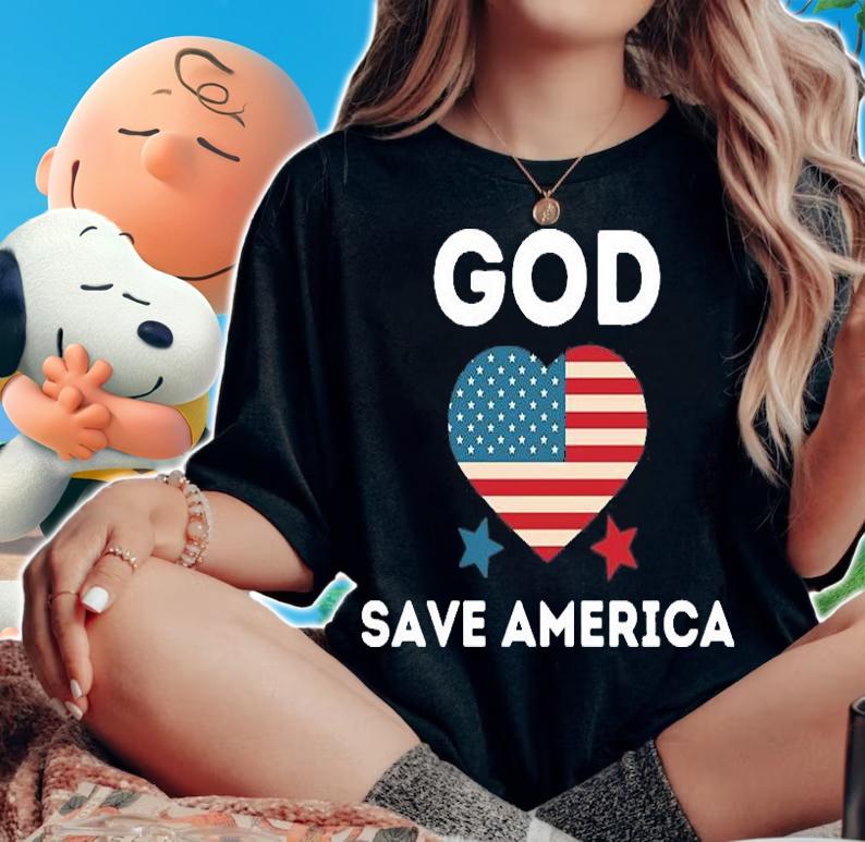 God Save America American Flag Heart Design 2021 T-Shirt woman shirt