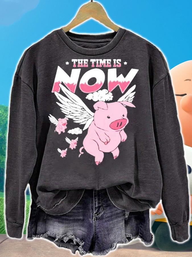 The Time Is Now Funny Flying Pig Magical Sky Bacon Pig Lover T-Shirt sweatshirt