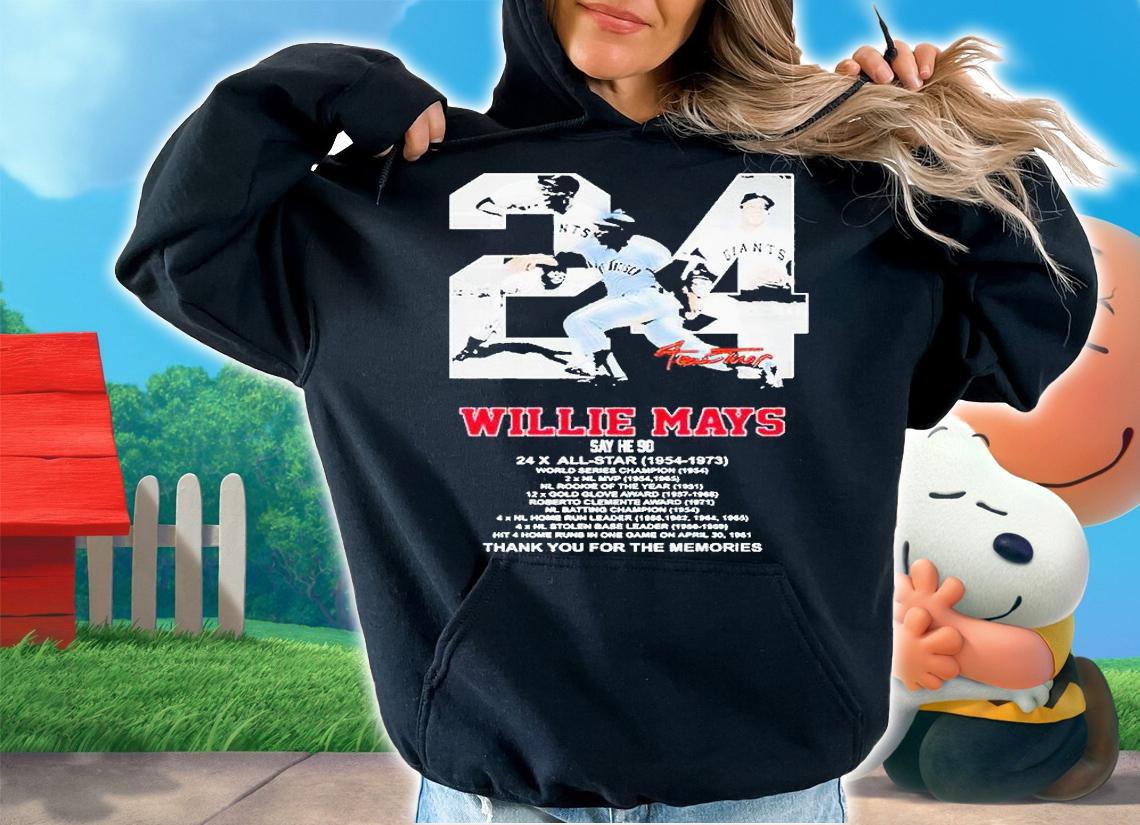 24 Willie Mays 1954-1973 thank You for the memories signature t-shirt