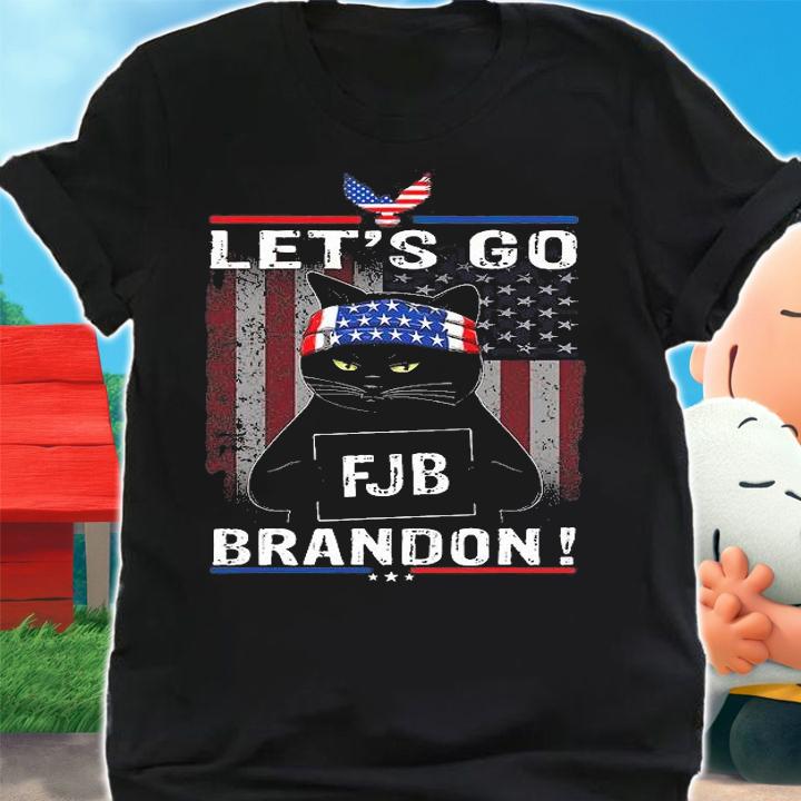 Lets Go Brandon Black Cat Conservative American Flag T-Shirt