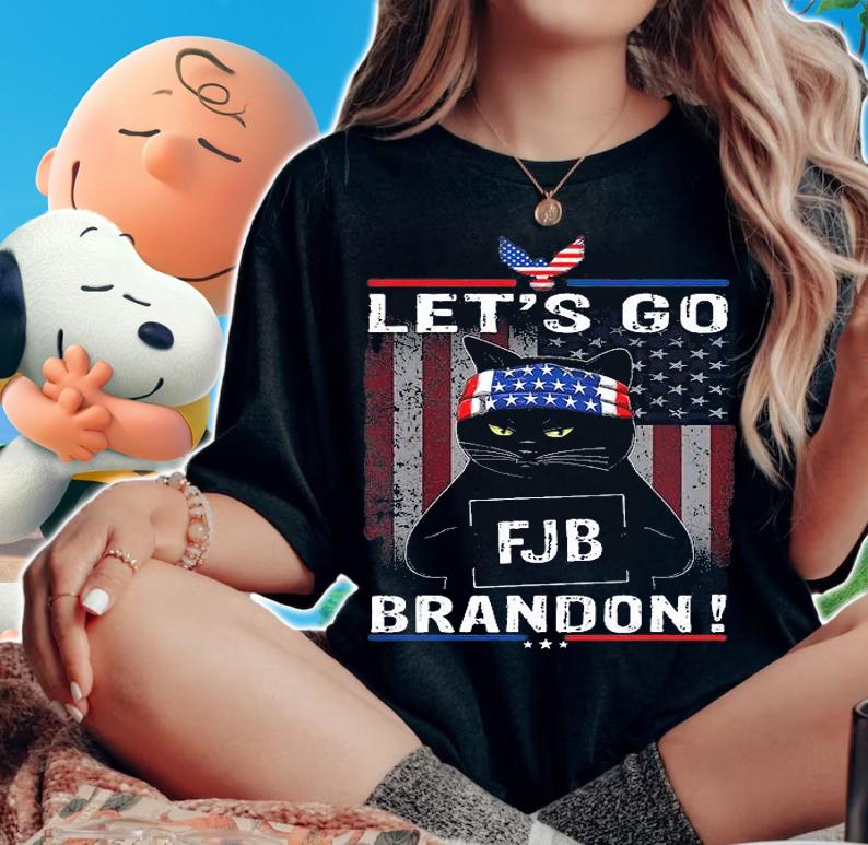 Lets Go Brandon Black Cat Conservative American Flag T-Shirt
