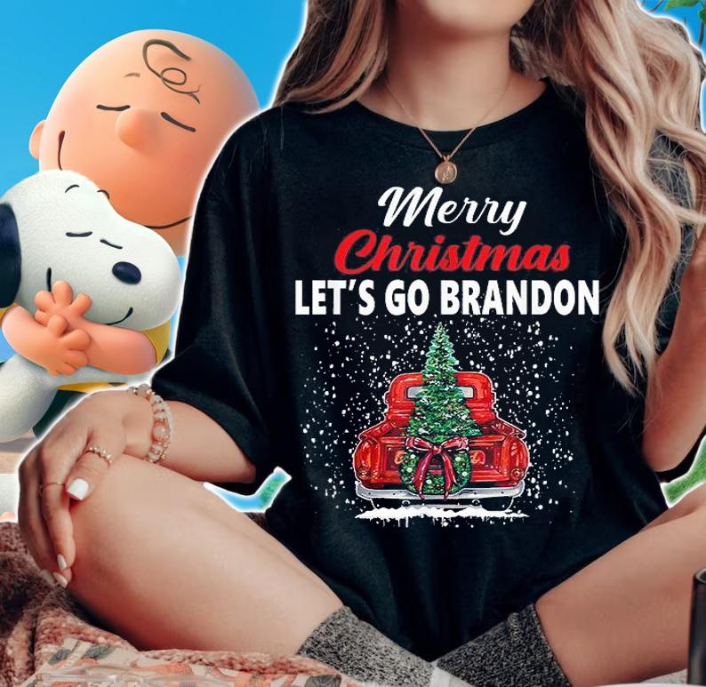 Merry Christmas Let's Go Brandon Red Truck Christmas Tree Anti Biden T-Shirt woman shirt