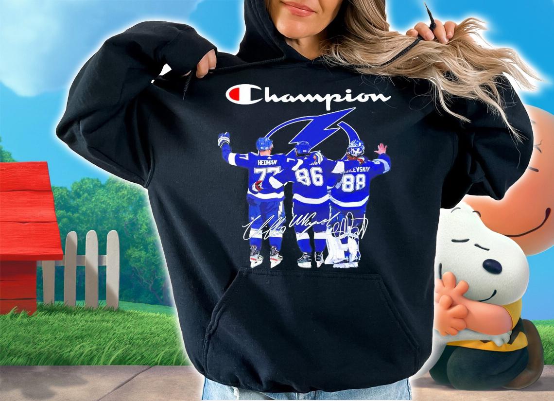 Champion Tampa Bay Lightning Victor Hedman Nikita Kucherov Andrei Vasilevskiy siganture shirt