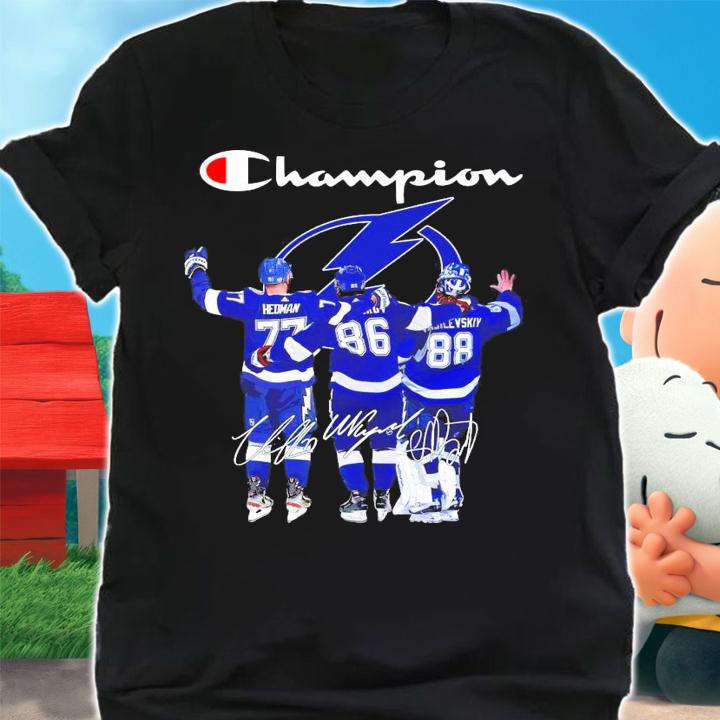 Champion Tampa Bay Lightning Victor Hedman Nikita Kucherov Andrei Vasilevskiy siganture shirt