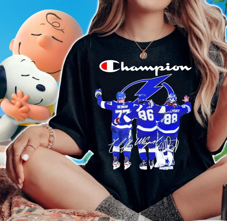 Champion Tampa Bay Lightning Victor Hedman Nikita Kucherov Andrei Vasilevskiy siganture shirt