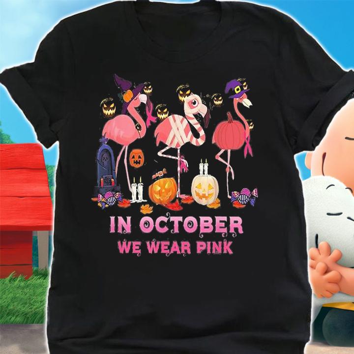 Flamingo In October We Wear Pink Breast Cancer Halloween T-Shirt shirt