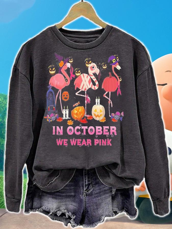 Flamingo In October We Wear Pink Breast Cancer Halloween T-Shirt sweatshirt