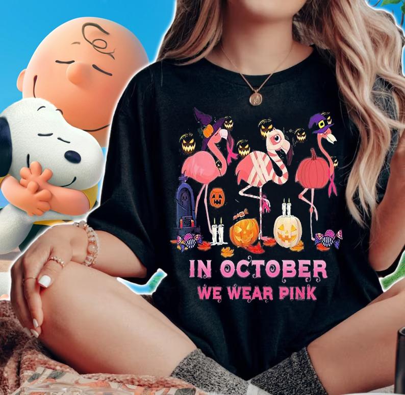 Flamingo In October We Wear Pink Breast Cancer Halloween T-Shirt woman shirt