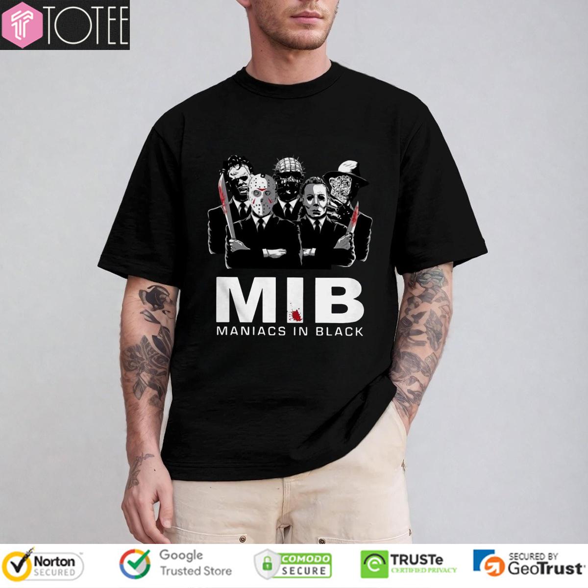 Maniacs In Black Jason Michael Freddy Leatherface Pinhead Parody MIB Shirt