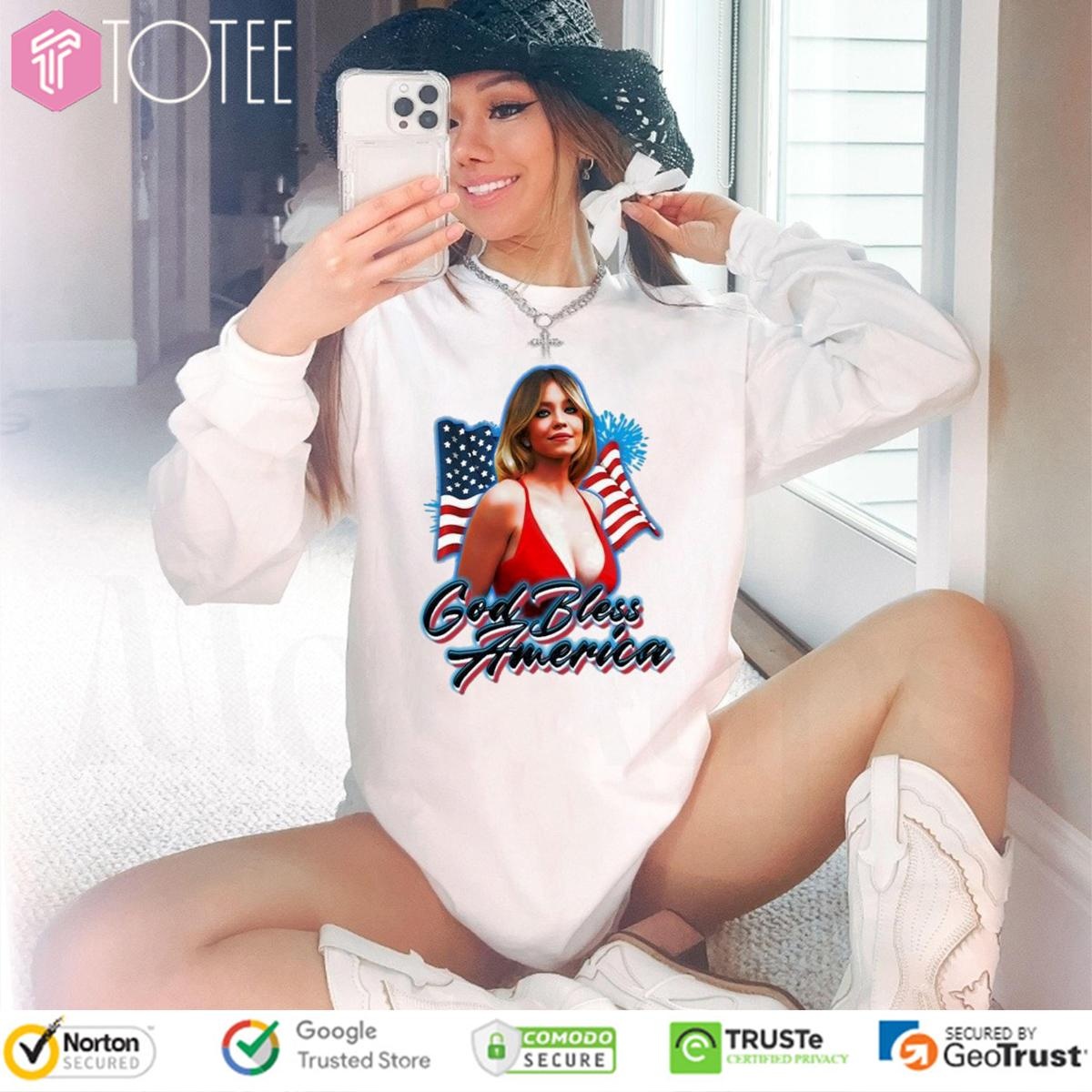 Sydney Sweeney God Bless America Flag Independence Day Long Sleeve
