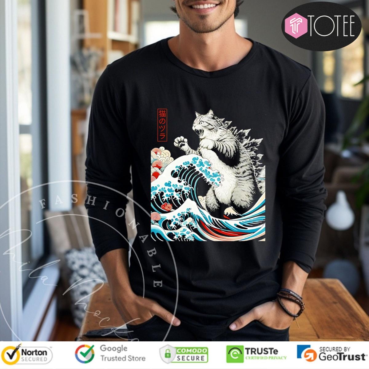 Catzilla Waves Ukiyo-E Parody Godzilla Cat Long Sleeve